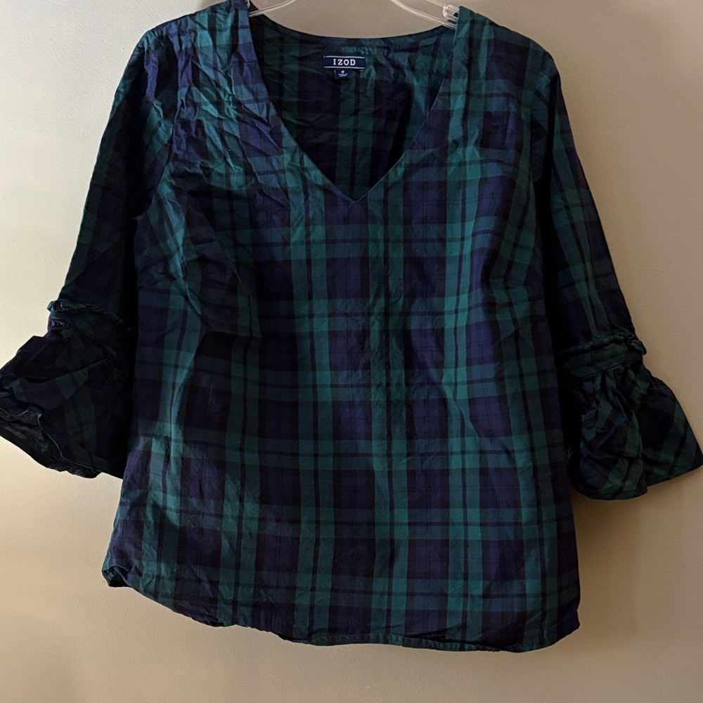 Izod Navy & Green Plaid V-Neck Blouse